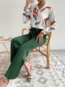 SHEIN Privé Random Print Button Up Blouse & Solid Belted Pants - Multicolor - View 3
