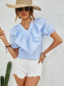 SHEIN Clasi Gingham Ruffle Trim Flounce Sleeve Blouse - Blue and White - View 6