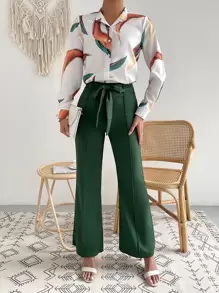 SHEIN Privé Random Print Button Up Blouse & Solid Belted Pants - Multicolor - View 1
