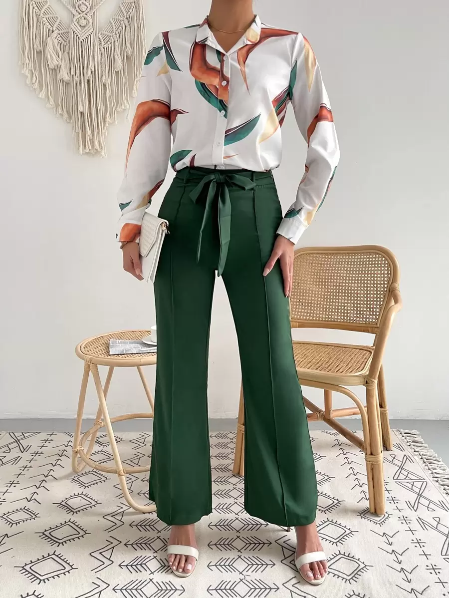 SHEIN Privé Random Print Button Up Blouse & Solid Belted Pants - Multicolor - View 1