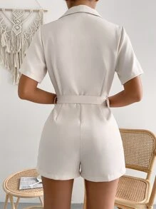 Firerie Lapel Neck Double Breasted Belted Romper - Beige - View 2