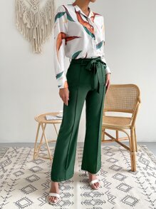 SHEIN Privé Random Print Button Up Blouse & Solid Belted Pants - Multicolor - View 5