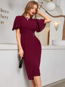 Modelyn 蝴蝶袖圍裹緊身連衣裙 - 酒紅色 - 查看 1