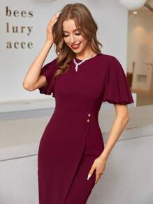 Modelyn 蝴蝶袖圍裹緊身連衣裙 - 酒紅色 - 查看 5