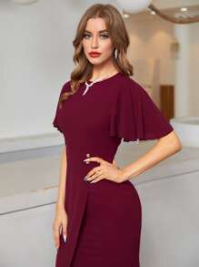 Modelyn 蝴蝶袖圍裹緊身連衣裙 - 酒紅色 - 查看 6