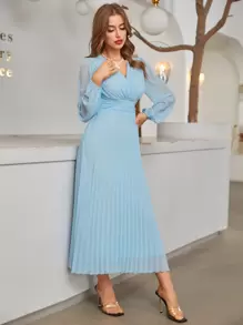 Modelyn Vestido largo de noche para mujer con cuello cruzado y bajo plisado - Celeste - Ver 3