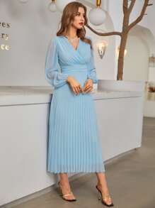 Modelyn Vestido largo de noche para mujer con cuello cruzado y bajo plisado - Celeste - Ver 4
