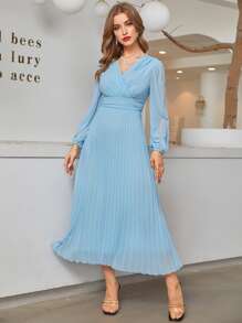 Modelyn Vestido largo de noche para mujer con cuello cruzado y bajo plisado - Celeste - Ver 6