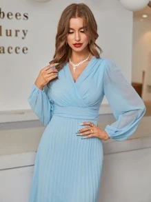 Modelyn Vestido largo de noche para mujer con cuello cruzado y bajo plisado - Celeste - Ver 7