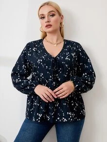 Áo sơ mi Plus Size Viên lá sen Thắt nơ trước Họa tiết hoa Giải trí - Màu xanh hải quân - Xem 4