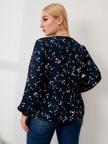 Áo sơ mi Plus Size Viên lá sen Thắt nơ trước Họa tiết hoa Giải trí - Màu xanh hải quân - Xem 2