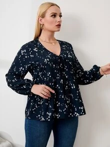 Áo sơ mi Plus Size Viên lá sen Thắt nơ trước Họa tiết hoa Giải trí - Màu xanh hải quân - Xem 3