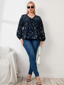 Áo sơ mi Plus Size Viên lá sen Thắt nơ trước Họa tiết hoa Giải trí - Màu xanh hải quân - Xem 5