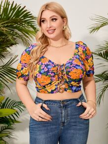 大碼印花前繫帶泡泡袖襯衫 - 彩色 - 查看 1