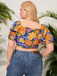 大碼印花前繫帶泡泡袖襯衫 - 彩色 - 查看 2