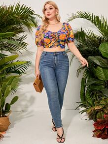 大碼印花前繫帶泡泡袖襯衫 - 彩色 - 查看 3