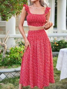 碎花打褶短款上衣和半身裙 - 紅色 - 查看 1