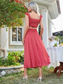 碎花打褶短款上衣和半身裙 - 紅色 - 查看 2