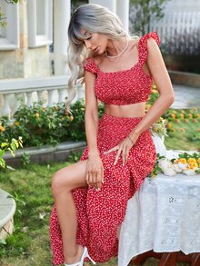 碎花打褶短款上衣和半身裙 - 紅色 - 查看 6