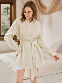 SHEIN Striped Print Pocket Patched Belted Oversized Blouse - Beige - View 3