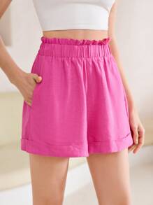 SHEIN 高腰木耳褶皺邊闊腿短褲 - 玫紅色 - 查看 1