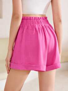 SHEIN 高腰木耳褶皺邊闊腿短褲 - 玫紅色 - 查看 2