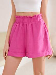SHEIN 高腰木耳褶皺邊闊腿短褲 - 玫紅色 - 查看 3