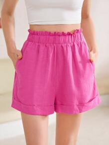 SHEIN 高腰木耳褶皺邊闊腿短褲 - 玫紅色 - 查看 5