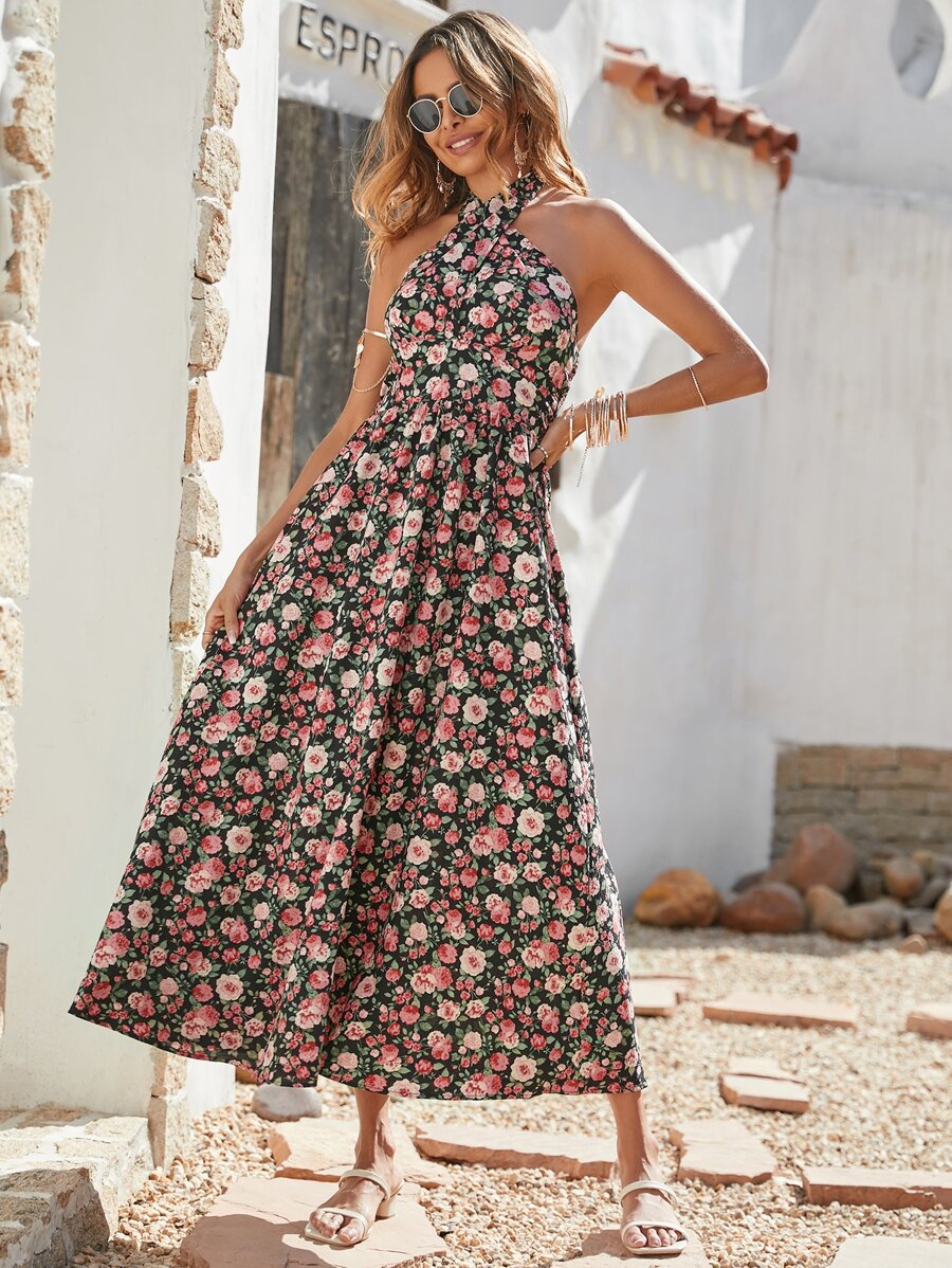 滿版印花打褶交叉掛脖洋裝 - 彩色 - 查看 1