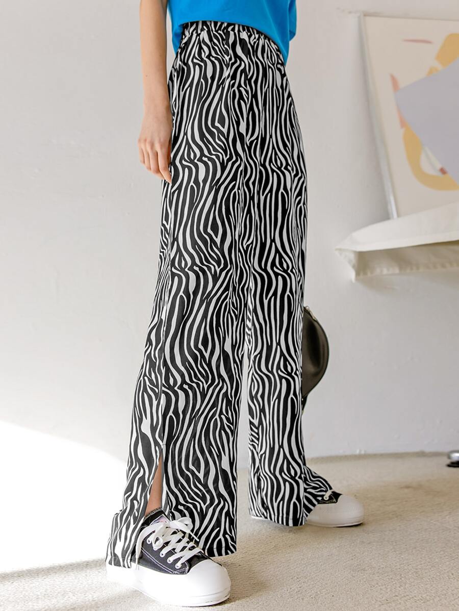 DAZY Zebra Stripe Split Hem Wide Leg Trousers - Black and White - View 1