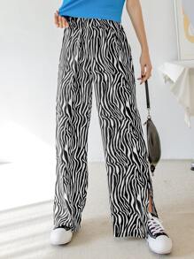 DAZY Zebra Stripe Split Hem Wide Leg Trousers - Black and White - View 5