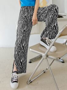 DAZY Zebra Stripe Split Hem Wide Leg Trousers - Black and White - View 7