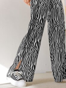 DAZY Zebra Stripe Split Hem Wide Leg Trousers - Black and White - View 8