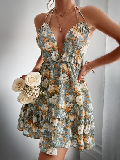 Floral Print Frill Trim Tie Backless Ruffle Hem Dress