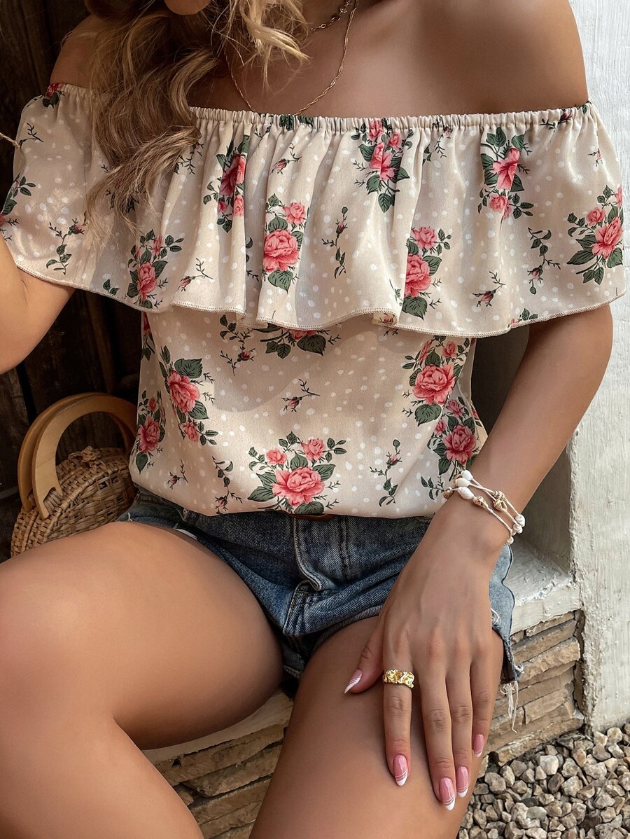 Breezaya 花卉和圓點一字領襯衫 - 杏色 - 查看 1