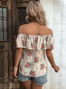 Breezaya 花卉和圓點一字領襯衫 - 杏色 - 查看 2