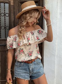 Breezaya 花卉和圓點一字領襯衫 - 杏色 - 查看 3