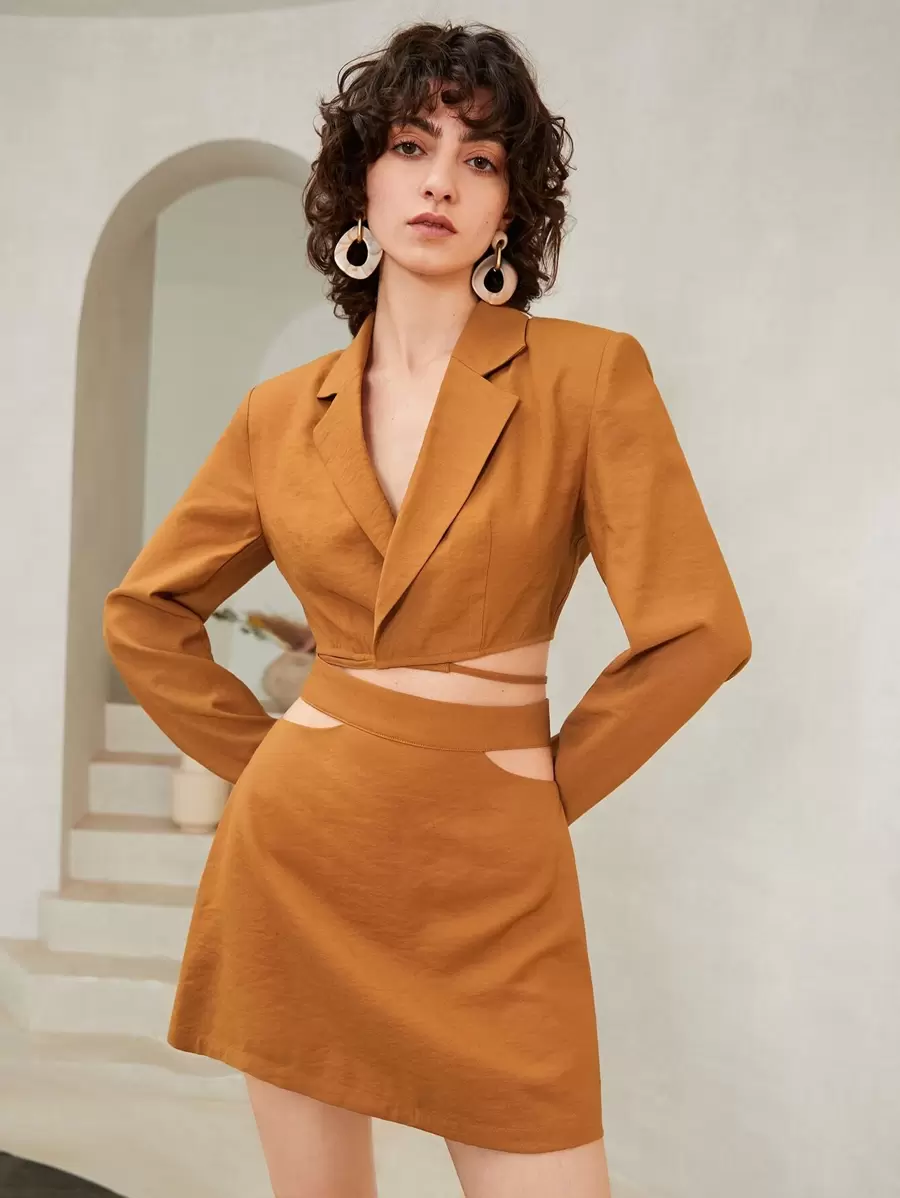 SHEIN Lapel Neck Tie Back Crop Blazer & Cut Out Skirt Set - Brown - View 1