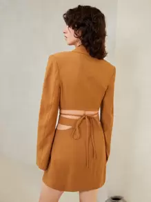SHEIN Lapel Neck Tie Back Crop Blazer & Cut Out Skirt Set - Brown - View 2