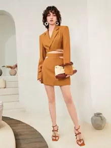 SHEIN Lapel Neck Tie Back Crop Blazer & Cut Out Skirt Set - Brown - View 3