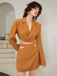 SHEIN Lapel Neck Tie Back Crop Blazer & Cut Out Skirt Set - Brown - View 4