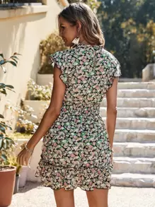 Breezaya Allover Floral Print Butterfly Sleeve Shirred Waist Ruffle Hem Dress