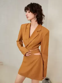 SHEIN Lapel Neck Tie Back Crop Blazer & Cut Out Skirt Set - Brown - View 5