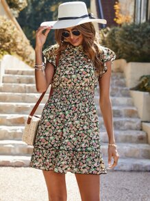 Breezaya Allover Floral Print Butterfly Sleeve Shirred Waist Ruffle Hem Dress