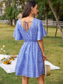 Đầm Buộc lại Họa tiết hoa Boho - Xanh và trắng - Xem 2