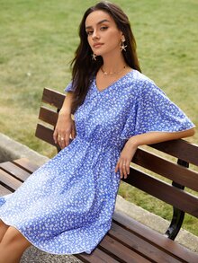 Đầm Buộc lại Họa tiết hoa Boho - Xanh và trắng - Xem 5