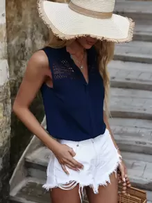 SHEIN Unity Áo sơ mi nữ Cắt ra màu trơn Boho - Màu xanh hải quân - Xem 4