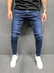 Manfinity Homme 男士傾斜口袋素色緊身牛仔褲 - 中等水洗藍 - 查看 1