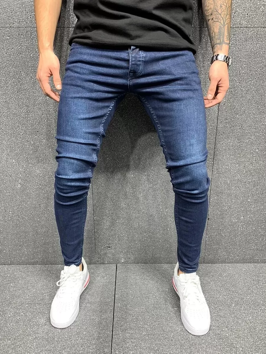 Manfinity Homme 男士傾斜口袋素色緊身牛仔褲 - 中等水洗藍 - 查看 1