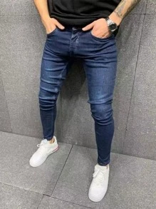 Manfinity Homme 男士傾斜口袋素色緊身牛仔褲 - 中等水洗藍 - 查看 4